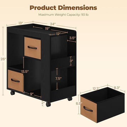 Yaheetech Narrow End Table Storage Drawer Rolling Shelves, Black