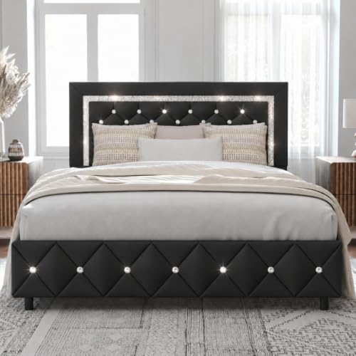 HOMBCK Full Size Bed Frame, Upholstered Platform Bed with Headboard, Black