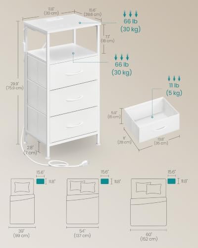 SONGMICS Nightstand with Charging Station, 3 Fabric Drawers