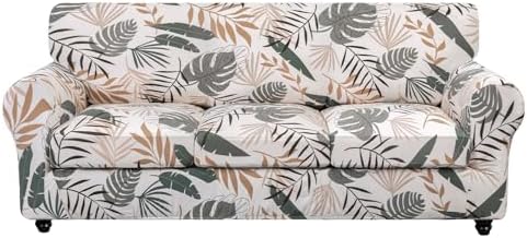 SearchI Stretch Sofa Cover Printed Couch Cover, Floral Pattern 4 Pieces Sofa Slipcover with 3 Separate Cushion Cover, Washable Furniture Protector for Living Room(Sofa, Botanical Palm)