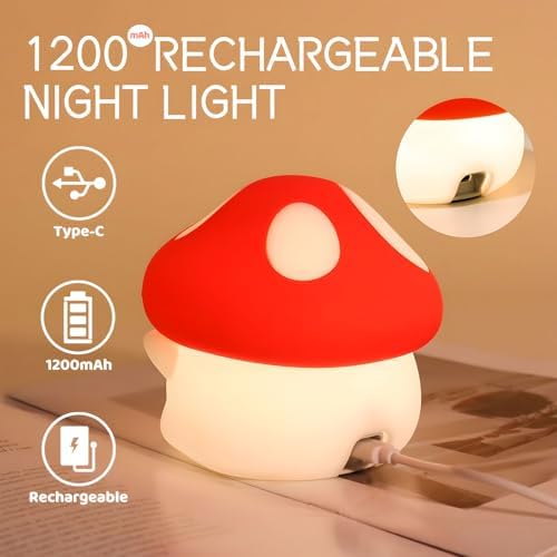 Color Changing Mushroom Night Light for Kids, Cute Squishy Silicone Mushroom Lamp, 50-Hour Rechargeable Bedside Light with Tap Control, 2 Brightness Levels, Timer, Room Decor Gift