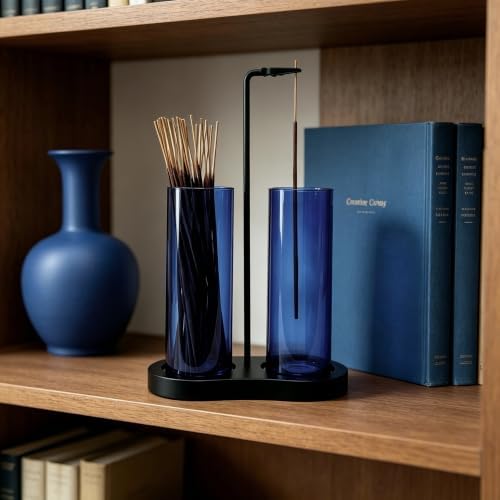 Blue Glass Incense Holder, Incense Burner Holder with Ash Catcher & Storage,Hang Upside Down Incense Holder for Sticks (Blue)