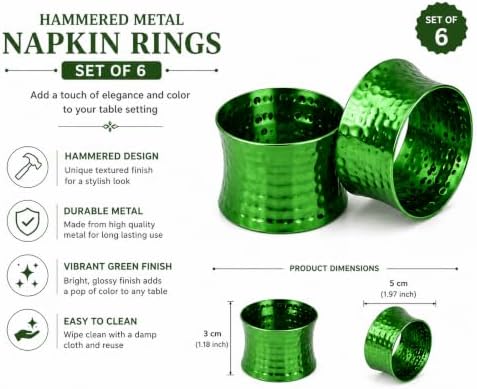 ITOS365 Green Napkin Rings Set of 6, Handmade Hammered Metal Napkin Ring Holders for Dining Table, Wedding, Parties & Everyday Table Decor