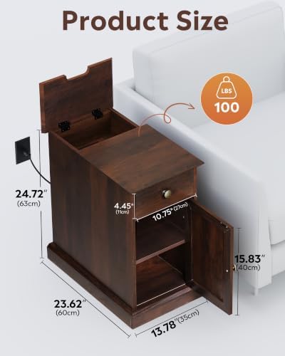 WLIVE Nightstand with Charging Station, Wood Bedside Table with Drawer and Storage Cabinet, Narrow End Tables with Hidden 2 USB Ports and 2 Outlets, Side Table for Bedroom, Espresso