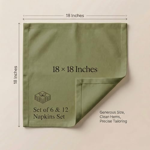 ACCENTHOME Accent Home 100% Cotton Napkins, Delicate Cloth Napkins for Dinners, Parties and Weddings，18 x 18 Inch Set of 12 - Olive Green