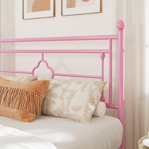 Allewie King Size Metal Platform Bed Frame, Victorian Headboard, Pink