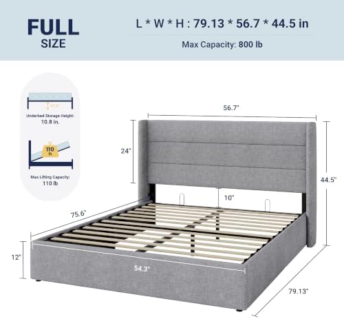 Allewie Full Size Lift Up Hydraulic Storage Bed Frame Light Grey