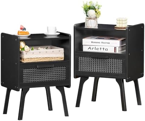 Lerliuo Rattan Nightstands Set of 2, Boho Side Table with Drawer Open Shelf