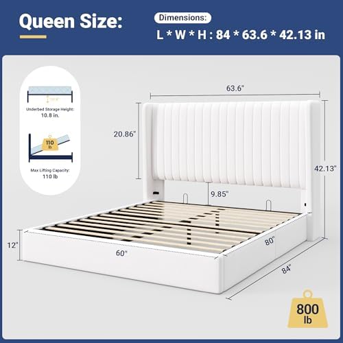 Allewie Queen Size Lift Up Storage Bed Frame Channel Tufted Headboard White