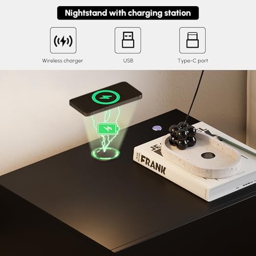 homary Smart Nightstand Set of 2 with Wireless Charging Station, USB & Type-C Ports, LED Light – Modern Black Bedside Table for Bedroom Storage (Black, 2 Drawers)