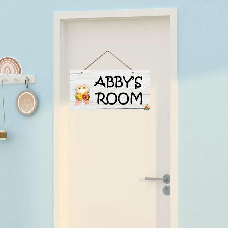 Personalized Signs Cartoon Sign Cute Cat and Flowers Sign For Pet House Kitty Litter Cat house Customized Sign Kids Room Nursery Wall Decor for Girls Boys Bedroom Little Man Cave