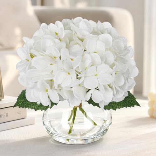 Hollyone White Hydrangea Artificial Flowers in Vase Medium 7inch Silk Fake Hydrangeas Flowers Arrangements with Medium Glass Vase with Faux Water for Home Office Wedding Table Centerpiece Decorations