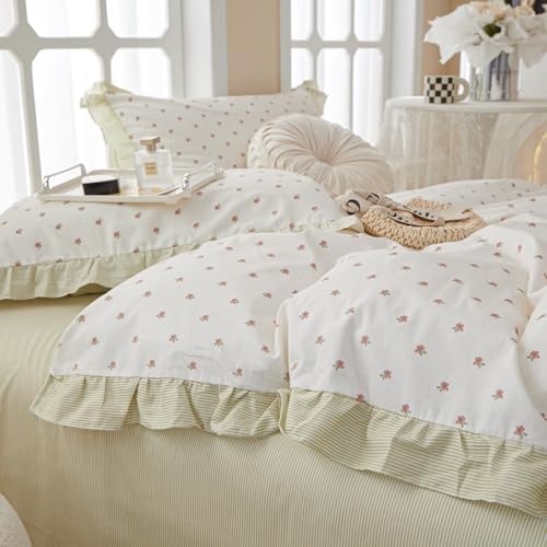 Floral 100% Cotton Duvet Cover Set Full Size Garden Style Bedding Set Ruffle for Teen Girls,Soft Comfy Quilt Covers,3 Pieces(1 Duvet Cover with 2 Pillowcases),Zipper & Corner Ties