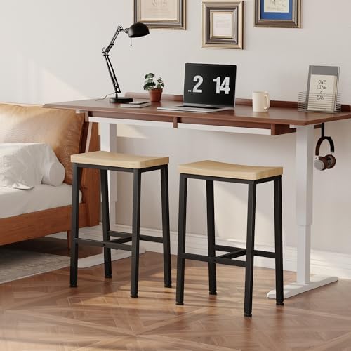 Homeiju Bar Stools, Counter Height Bar Stools Set of 2, 23.6 Inch Saddle Stools with Footrests, Industrial Kitchen Counter Seat for Dining Room, Kitchen, Counter, White Oak