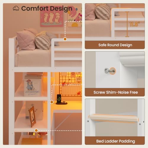 Loft Bed Twin Size with L Shape Desk,4 Drawers,3-Tier Storage Shelves Metal Loft Bed Frame with Power Outlet and LED Lighted,No Box Spring Needed,Space-Saving,Noise Free (White, Twin Size)