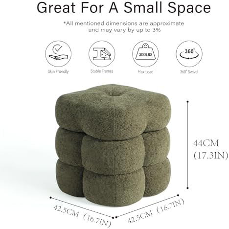 Get Set Style 360° Swivel Flower Ottoman, Linen Vanity Stool Footrest with 300LBS Capacity, No Assembly Small Space Accent Chair for Living Room Bedroom Entryway (Olive Green)