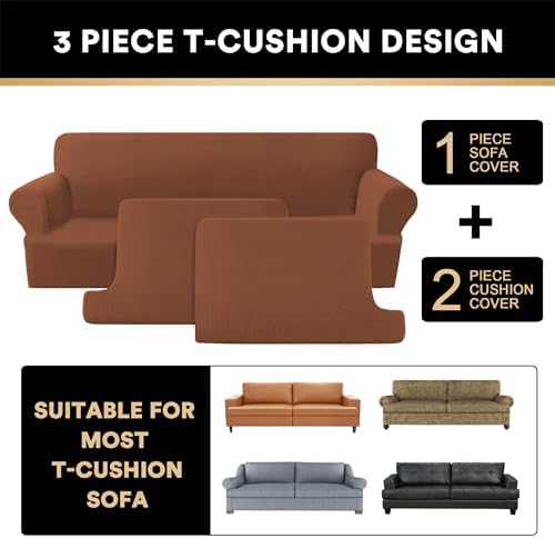 PrinceDeco T Cushion Sofa Slipcover 3 Pieces Sofa Covers for T Cushion Couch Soft Couch Covers Sofa Slip Cover Furniture Covers with 2 Individual T Shape Seat Covers (70"-88") Washable,Caramel