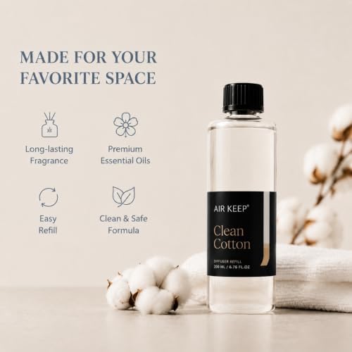 Airkeep Clean Cotton Reed Diffuser Refill – 6.76 fl oz – Premium Scented Oil for Home Aromatherapy – Long-Lasting Fragrance for Reed Diffusers – Perfect for Bathroom, Bedroom & Home Decor