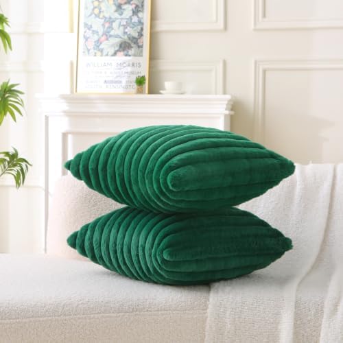 Decorative Throw Pillow with Inserts, Set of 2 Soft Faux Fur Throw Pillows, Square Boho Striped Pillow for Couch, Bed, Sofa Decor