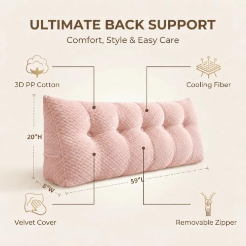 Headboard Pillow Queen Size, Reading Pillow for Bed, Wave Pattern Wedge Pillow, Tufted Backrest Support, Headboard Substitute, Pink