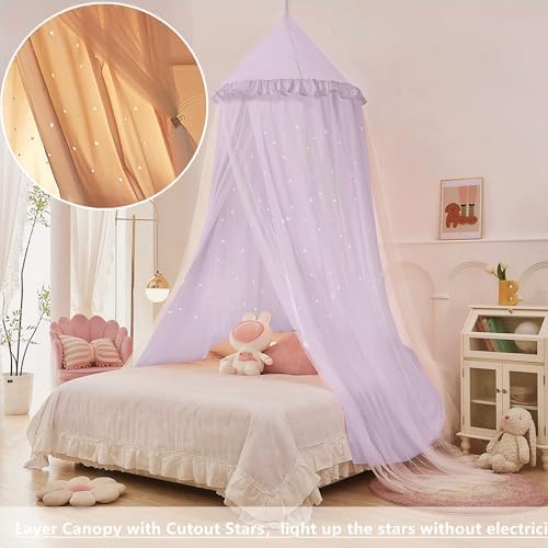 Princess Bed Canopy for Girls, Double Layer Canopy Fits Twin/Full Bed - Fairy Bed Tent for Kids Room Decor(with Cutout Stars,Purple)