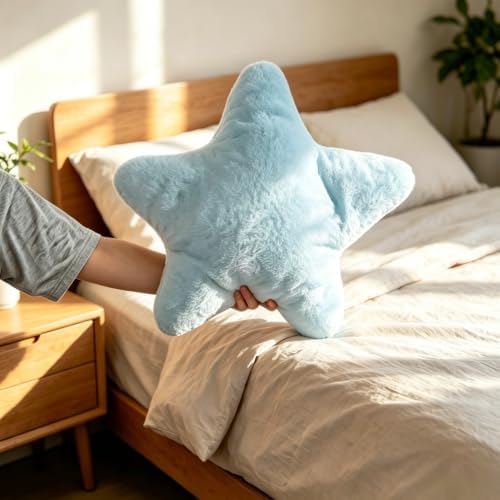 Star Shaped Throw Pillows Set of 2, Cute Plush Decorative Pillows with Fluffy Faux Rabbit Fur, Soft Star Cushion for Sofa Couch Bed Living Room Bedroom Home Decor (Blue, 15.7")