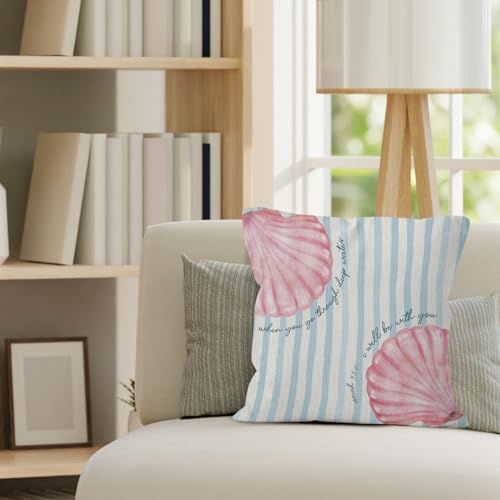 Christian Preppy Beach Seashell Throw Pillow Cover 18x18, Coastal Pink Seashell Bible Verse Decorative Pillow Covers for Home Bedroom Living Room, Religious Beach Accent Pillows Cover Pillowcases