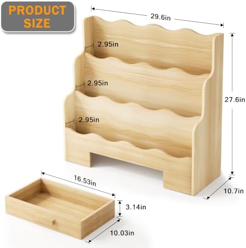 3-Tier Montessori Scalloped Kids Bookshelf with Drawer