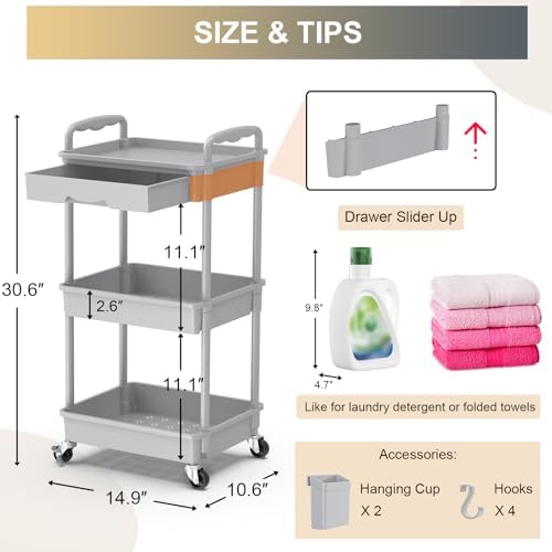 Goovilla 3 Tier Rolling Utility Cart Organizer with Removable Drawer, Grey
