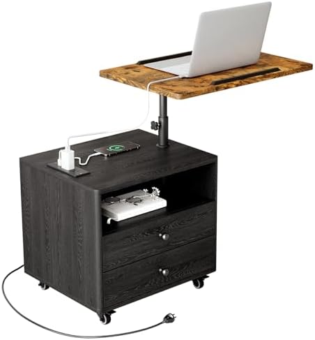 Bedroom Nightstand with Drawers & Charging Station, Adjustable Height Bedside Table with Wheels, Wooden Small Sofa Side Tables with Storage for Living Room, Black Brown