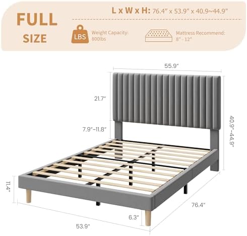 Full Bed Frame with Adjustable Headboard, Velvet Upholstered Platform Bed