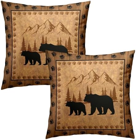 Bear Throw Pillow Covers 22x22 Inch Set of 2 Retro Brown Mountain Decorative Pillowcase Rustic Cabin Bear Hunting Animal Paw Prints Decorative Cotton Cushion Case for Home Sofa Bedroom