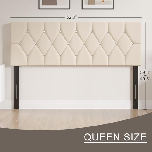 VECELO Tufted Upholstered Headboard Queen Size, with 6 Adjustable Height from 39.8" to 49.8", Button Diamond Design, Easy Assembly, Beige