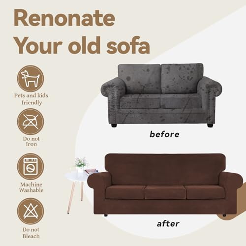 WEERRW Velvet Stretch 3 Pieces Couch Cover for Sofa Washable, Chocolate