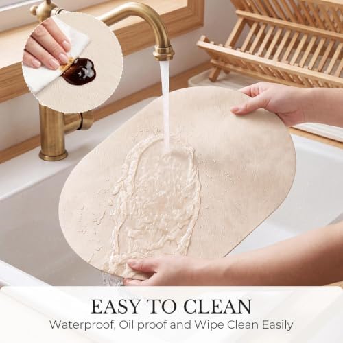 MOSAYT Vinyl Faux Leather Oval Placemats, Set of 8, Beige