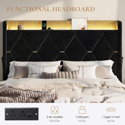 SHA CERLIN Full Size Bed Frame with Storage Drawer & LED Lights, Black