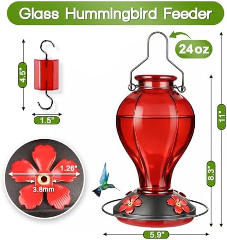 Glass Hummingbird Feeders for Outdoors Hanging, 24oz Wild Bird Nectar Feeder with Ant Moat and 360° Perch, Bee-Resistant Ports,Outside Garden Decor,Colorful Gifts for Women Mom, 1 Pack, Red