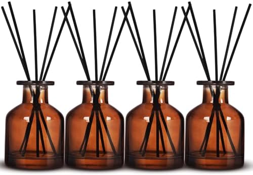 4 Pack Perfume Reed Diffuser Bottle,Empty Big Belly Aromatherapy Essential Oil Bottles Glass Jar with Black Sticks for DIY Fragrance Replacement Diffuser Sets (150ml/ 5 oz, Dark Brown Color)