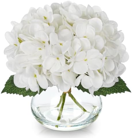 Hollyone White Hydrangea Artificial Flowers in Vase Medium 7inch Silk Fake Hydrangeas Flowers Arrangements with Medium Glass Vase with Faux Water for Home Office Wedding Table Centerpiece Decorations