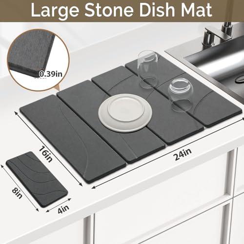 Large Stone Dish Drying Mat for Kitchen Counter, 2 PCS Quick Dry Stone Mats, Foldable Water Absorbing Diatomaceous Earth Drying Dishes Pad for Countertop Bottle Utensil Cup(Carved Gray 24"x16"&8"x4")