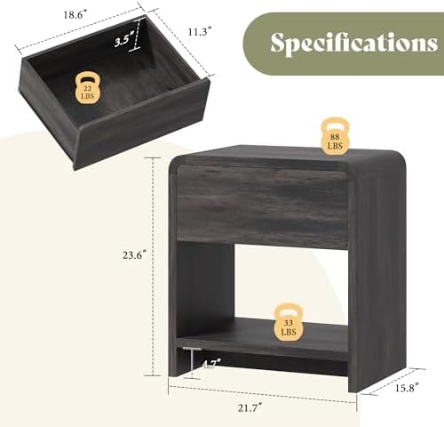 AMERLIFE Nightstands Set of 2 with Storage Drawer & Shelves, Black