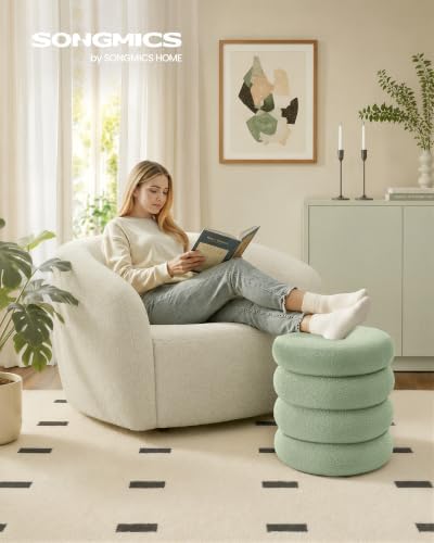 SONGMICS Vanity Stool, Round Ottoman with Storage, Teddy Fleece