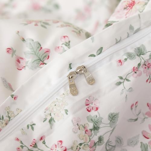 Queen Duvet Cover Set Pink Floral Bedding Set on White 100% Cotton Reversible Vintage Comforter Cover with Zipper&Ties