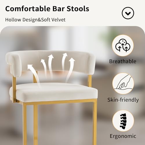 Set of 2 Beige Modern Velvet Bar Stools with Barrel Backrest, Upholstered Seat, and Gold Metal Footrest – 25.6-Inch Seat Height, Ideal for Counters, Home Bars, and Kitchen Islands