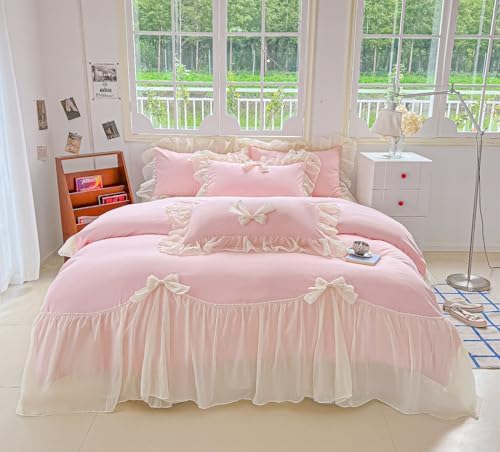SOUKECHY Chic Lace Bedding,Girls Twin Aesthetic Comforter Cover Set,Romantic French Princess Style Ruffled Duvet Cover with Lovely Bow with Zipper Closure-Pink,Twin Size