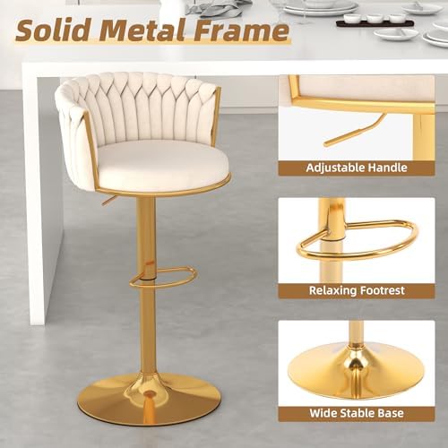 Gold Bar Stools Set of 6, Modern Adjustable Bar Height Barstools, Velvet Swivel Bar Chairs with Woven Backrest, Metal Footrest & Base, Upholstered Counter Stools for Kitchen Island, Beige