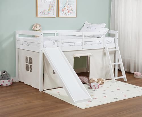 Spirich Solid Wood Kids Twin Loft Bed with Slide and Under-Bed Play Curtain