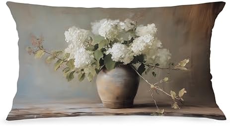 Vintage Moody Hydrangea Floral Lumbar Pillow Cover 12x20 Double-Sided, Cottagecore Room Decor, Farmhouse Spring White Flower Botanical Decorative Throw Pillow Cover for Living Room Home