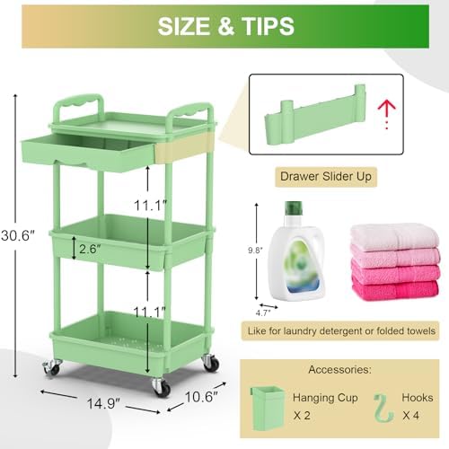 Goovilla 3 Tier Rolling Utility Cart Organizer with Removable Drawer, Green