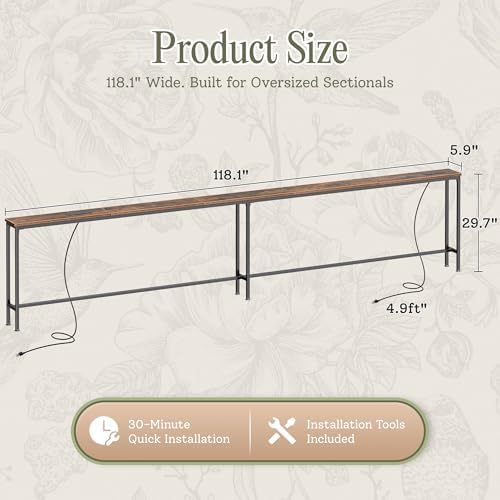 Huuger 118.1 Inch Behind Couch Table with 2 Power Outlets and USB-C Ports, Extra Long Narrow Sofa Table for Sectional Sofa, Skinny Console Table with Anti-Bump Pads, for Living Room, Rustic Brown